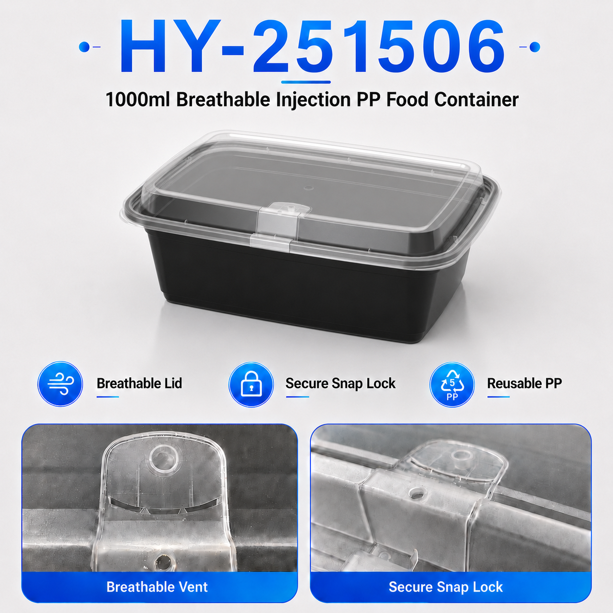 HY-251506 1500ml Rectangular PP Food Container with Vented Lid | Takeaway Container